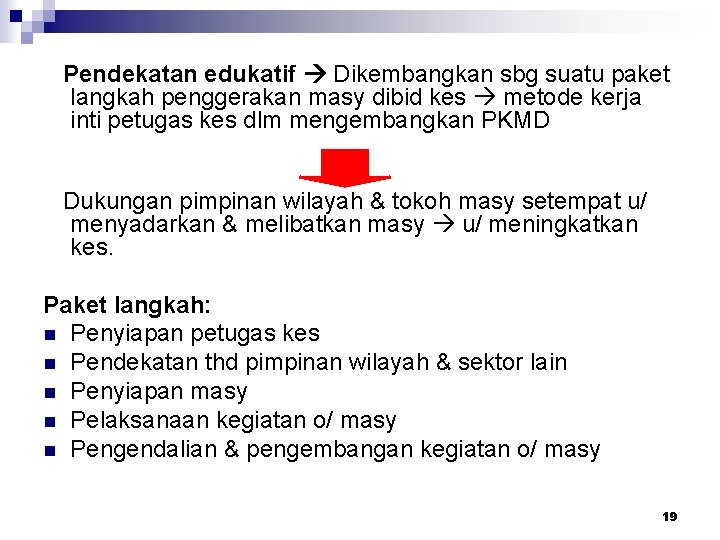 Pendekatan edukatif Dikembangkan sbg suatu paket langkah penggerakan masy dibid kes metode kerja inti