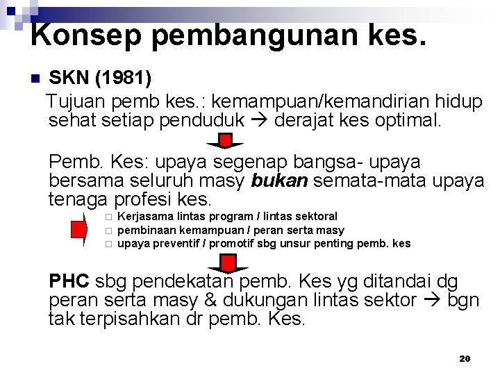 Konsep pembangunan kes. n SKN (1981) Tujuan pemb kes. : kemampuan/kemandirian hidup sehat setiap