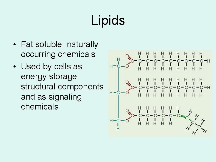 Lipids • Fat soluble, naturally occurring chemicals • Used by cells as energy storage, Lipids • Fat soluble, naturally occurring chemicals • Used by cells as energy storage,