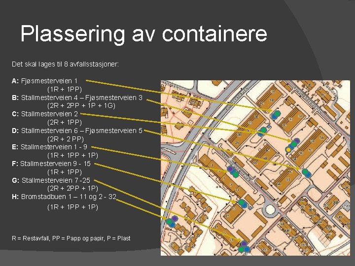 Plassering av containere Det skal lages til 8 avfallsstasjoner: A: Fjøsmesterveien 1 (1 R