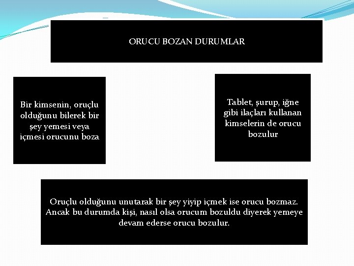 ORUCU BOZAN DURUMLAR Bir kimsenin, oruçlu olduğunu bilerek bir şey yemesi veya içmesi orucunu