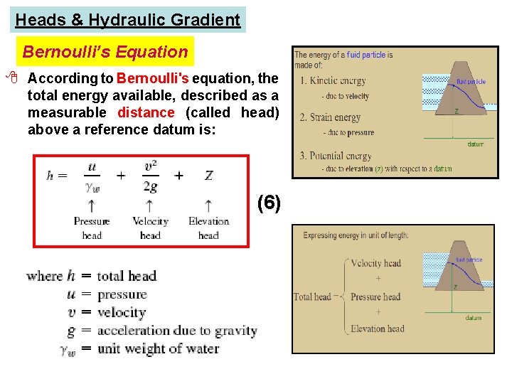 Heads & Hydraulic Gradient Bernoulli’s Equation 8 According to Bernoulli's equation, the total energy