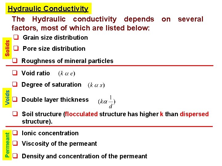 Solids Hydraulic Conductivity The Hydraulic conductivity depends on several factors, most of which are