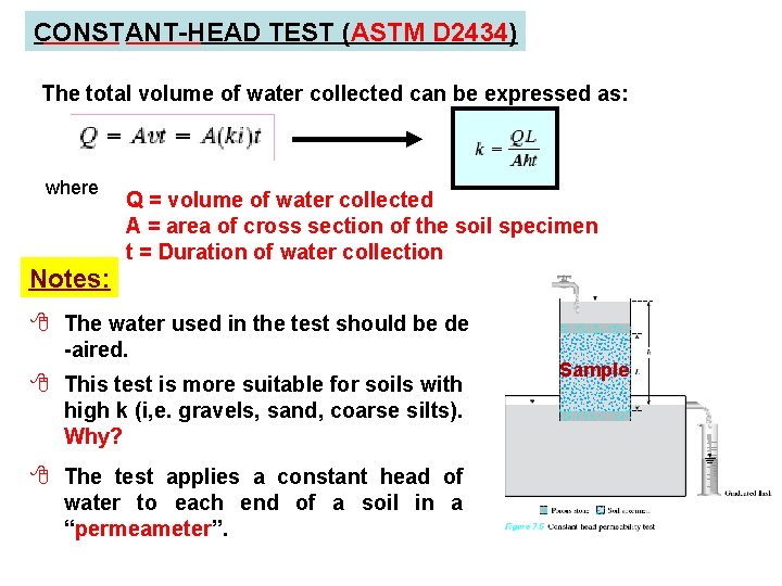 CONSTANT-HEAD TEST (ASTM D 2434) The total volume of water collected can be expressed