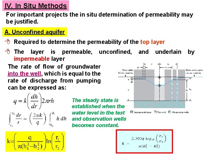 IV. In Situ Methods For important projects the in situ determination of permeability may