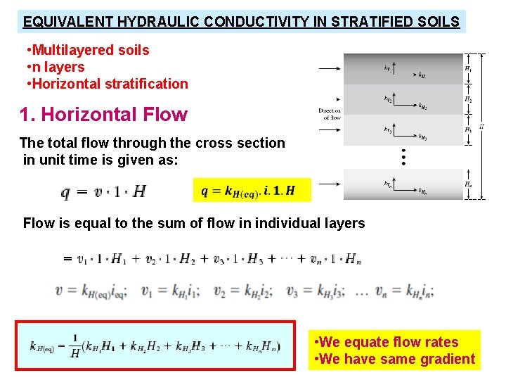 EQUIVALENT HYDRAULIC CONDUCTIVITY IN STRATIFIED SOILS • Multilayered soils • n layers • Horizontal
