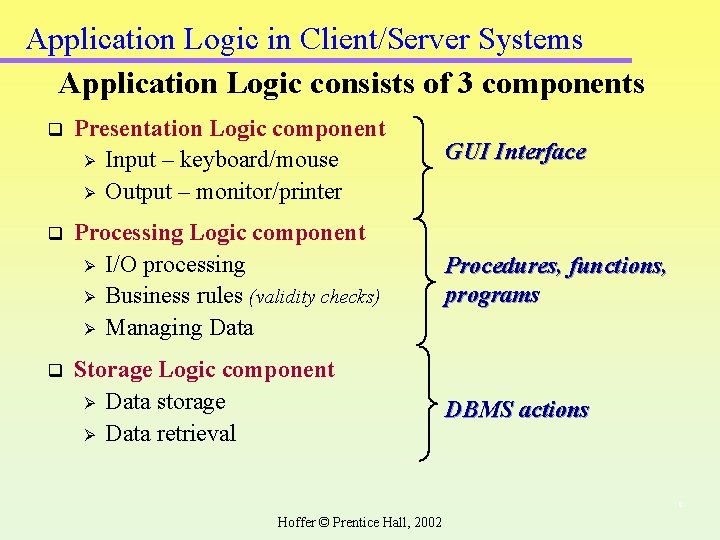Application Logic in Client/Server Systems Application Logic consists of 3 components q Presentation Logic Application Logic in Client/Server Systems Application Logic consists of 3 components q Presentation Logic