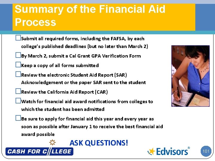 Summary of the Financial Aid Process �Submit all required forms, including the FAFSA, by