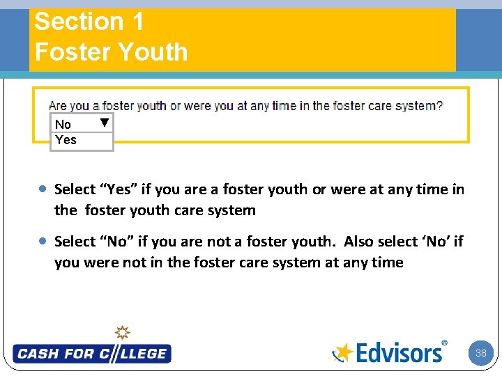 Section 1 Foster Youth No Yes · Select “Yes” if you are a foster