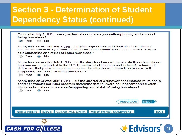 Section 3 - Determination of Student Dependency Status (continued) 2015, 51 