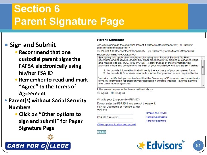 Section 6 Parent Signature Page · Sign and Submit · Recommend that one custodial