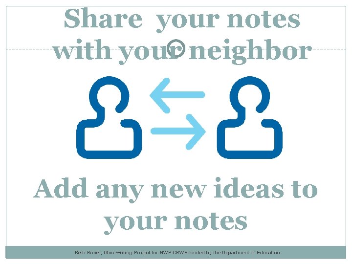 Share your notes with your neighbor Add any new ideas to your notes Beth