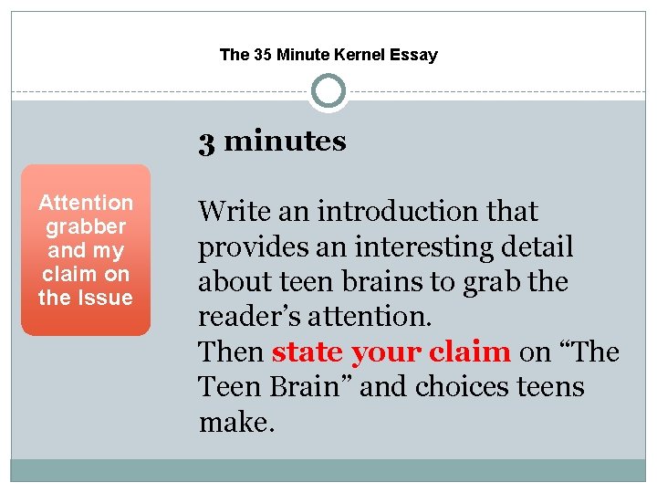 The 35 Minute Kernel Essay 3 minutes Attention grabber and my claim on the