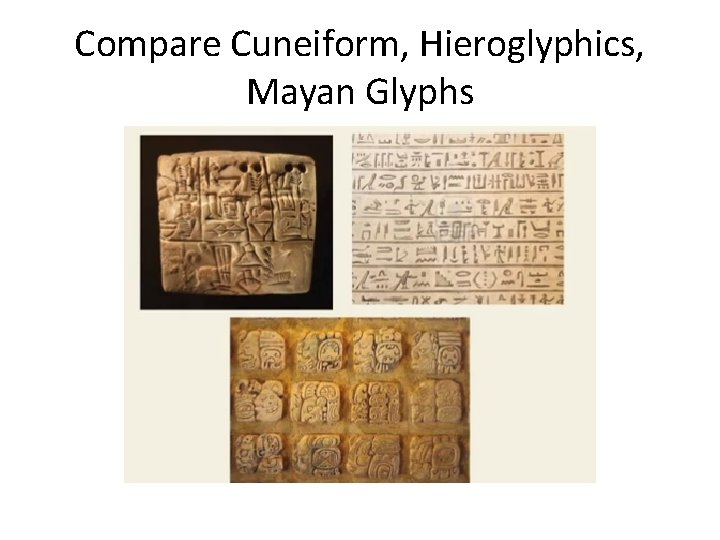 Compare Cuneiform, Hieroglyphics, Mayan Glyphs 