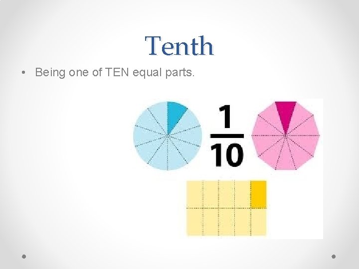 Tenth • Being one of TEN equal parts. Tenth • Being one of TEN equal parts.