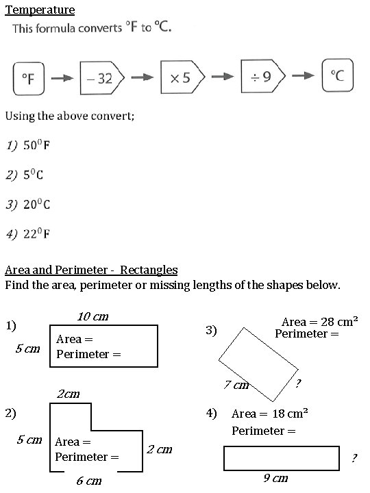 Temperature Area and Perimeter - Rectangles Find the area, perimeter or missing lengths of