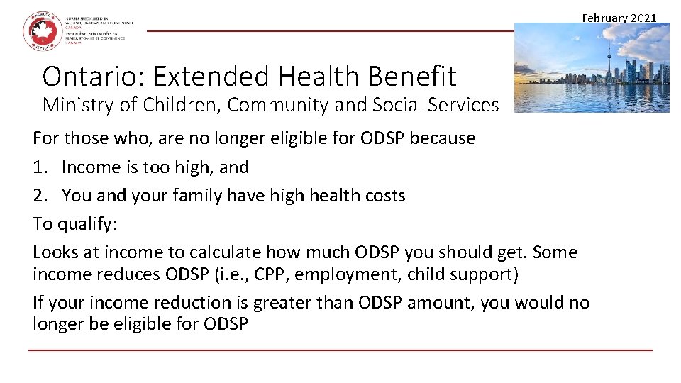 February 2021 Ontario: Extended Health Benefit Ministry of Children, Community and Social Services For