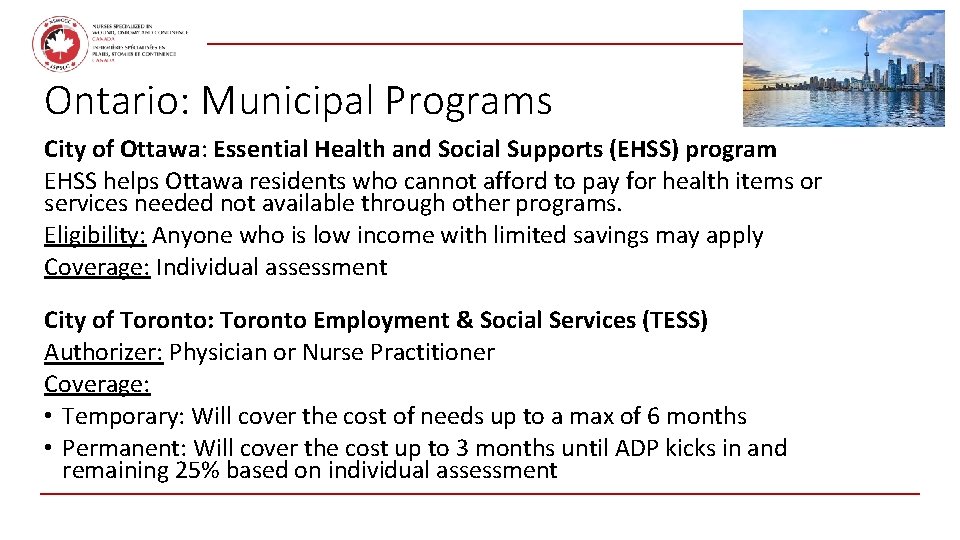 February 2021 Ontario: Municipal Programs City of Ottawa: Essential Health and Social Supports (EHSS)