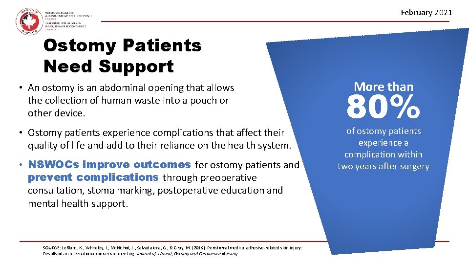 February 2021 Ostomy Patients Need Support • An ostomy is an abdominal opening that