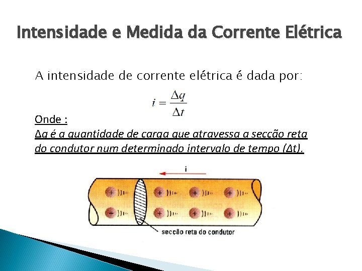 Intensidade e Medida da Corrente Elétrica A intensidade de corrente elétrica é dada por: