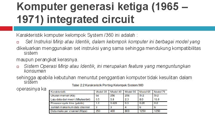 Komputer generasi ketiga (1965 – 1971) integrated circuit Karakteristik komputer kelompok System /360 ini