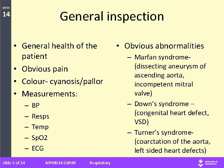 WEEK General inspection 14 • General health of the patient • Obvious pain •