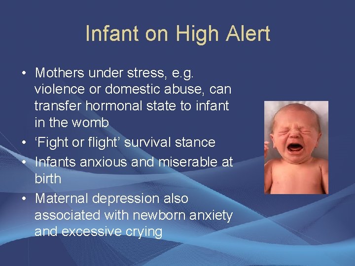 Infant on High Alert • Mothers under stress, e. g. violence or domestic abuse,