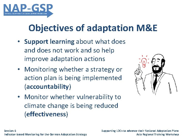 Objectives of adaptation M&E • Support learning about what does and does not work