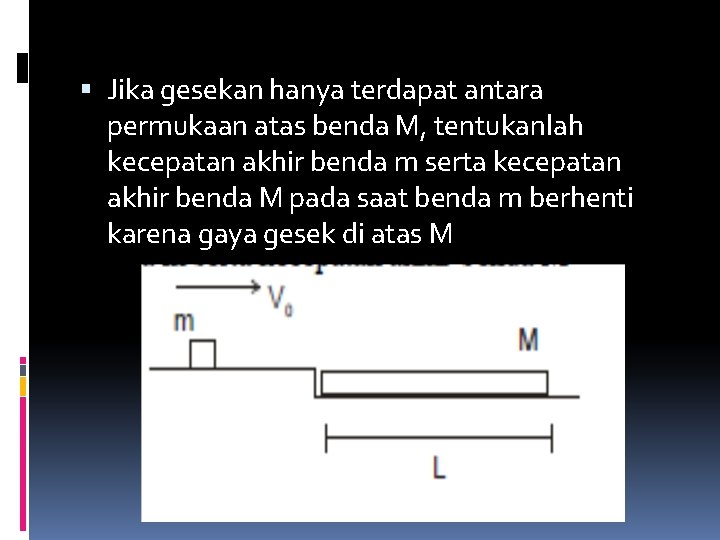  Jika gesekan hanya terdapat antara permukaan atas benda M, tentukanlah kecepatan akhir benda