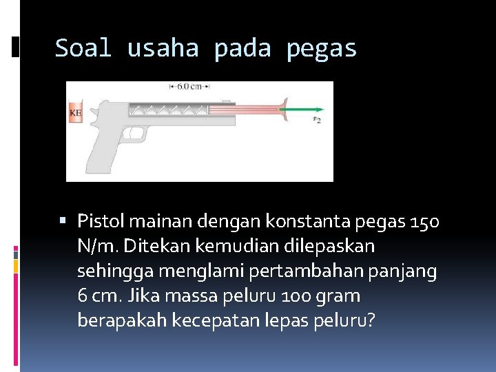 Soal usaha pada pegas Pistol mainan dengan konstanta pegas 150 N/m. Ditekan kemudian dilepaskan