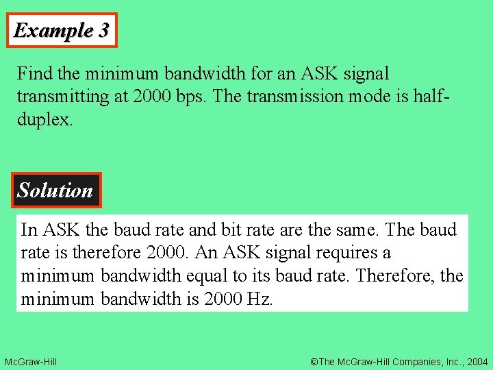 Example 3 Find the minimum bandwidth for an ASK signal transmitting at 2000 bps.
