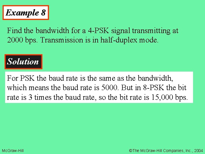 Example 8 Find the bandwidth for a 4 -PSK signal transmitting at 2000 bps.