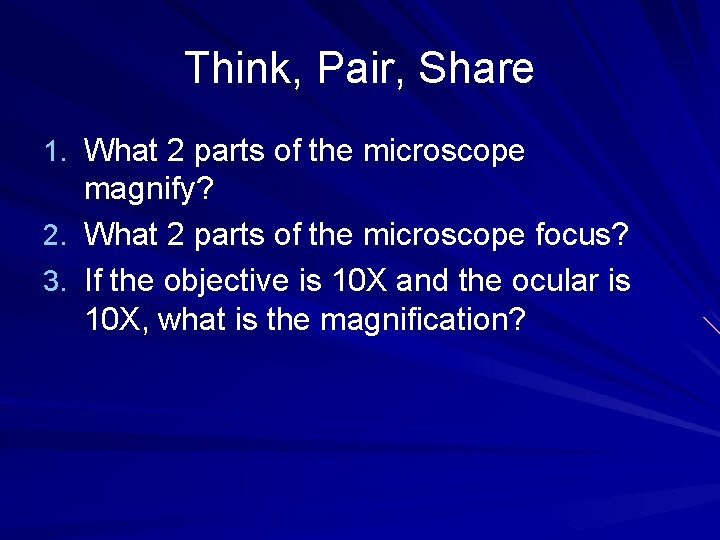 Think, Pair, Share 1. What 2 parts of the microscope magnify? 2. What 2
