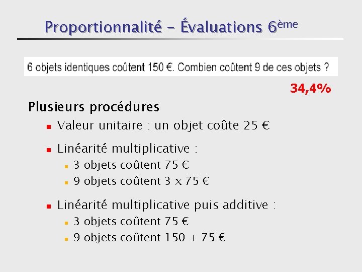 Proportionnalité - Évaluations 6ème 34, 4% Plusieurs procédures n Valeur unitaire : un objet