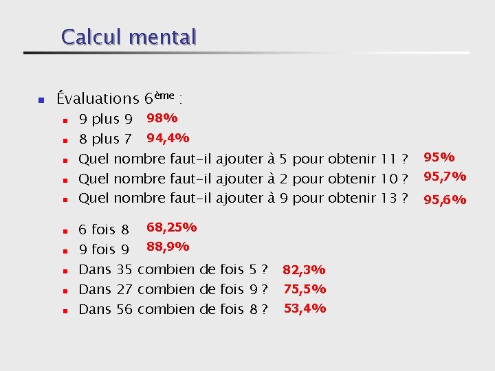 Calcul mental n Évaluations 6ème : n n n n n 9 plus 9