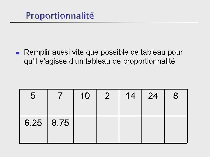 Proportionnalité n Remplir aussi vite que possible ce tableau pour qu’il s’agisse d’un tableau