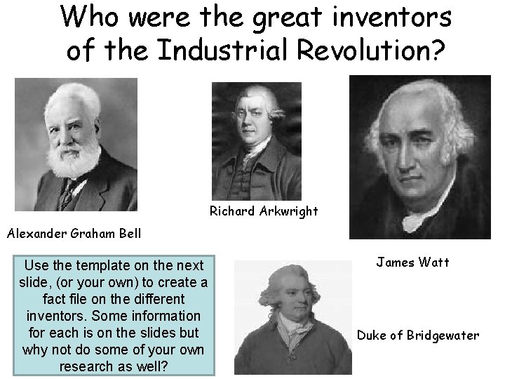 Who were the great inventors of the Industrial Revolution? Richard Arkwright Alexander Graham Bell