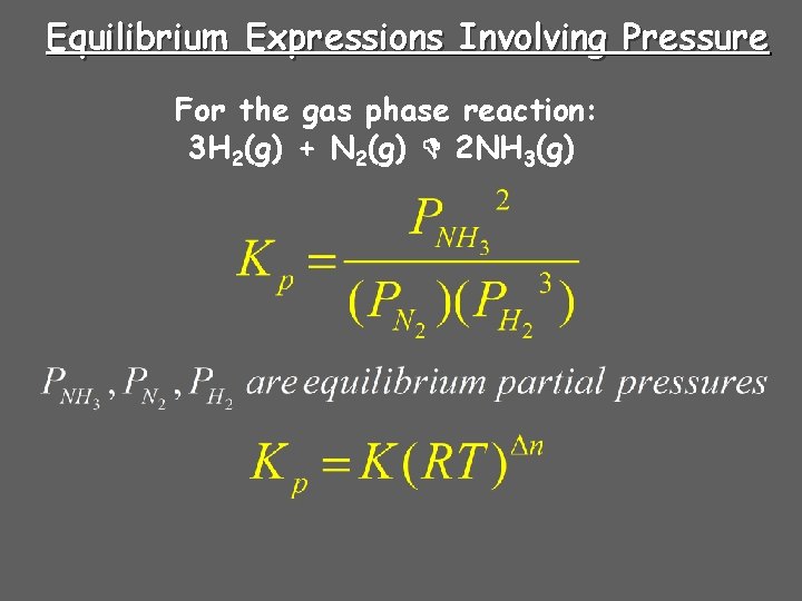 Equilibrium Expressions Involving Pressure For the gas phase reaction: 3 H 2(g) + N