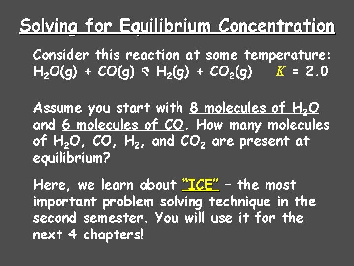 Solving for Equilibrium Concentration Consider this reaction at some temperature: H 2 O(g) +
