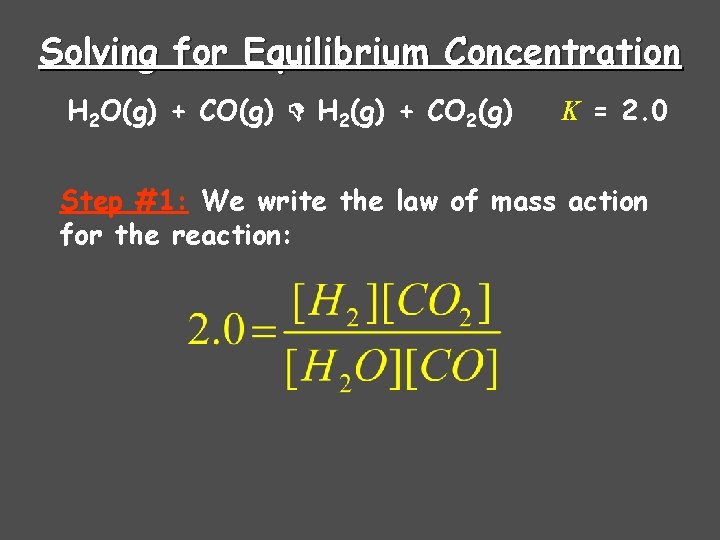 Solving for Equilibrium Concentration H 2 O(g) + CO(g) H 2(g) + CO 2(g)