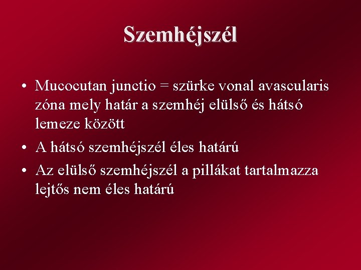 Szemhéjszél • Mucocutan junctio = szürke vonal avascularis zóna mely határ a szemhéj elülső