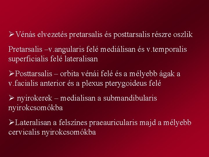 ØVénás elvezetés pretarsalis és posttarsalis részre oszlik Pretarsalis –v. angularis felé mediálisan és v.
