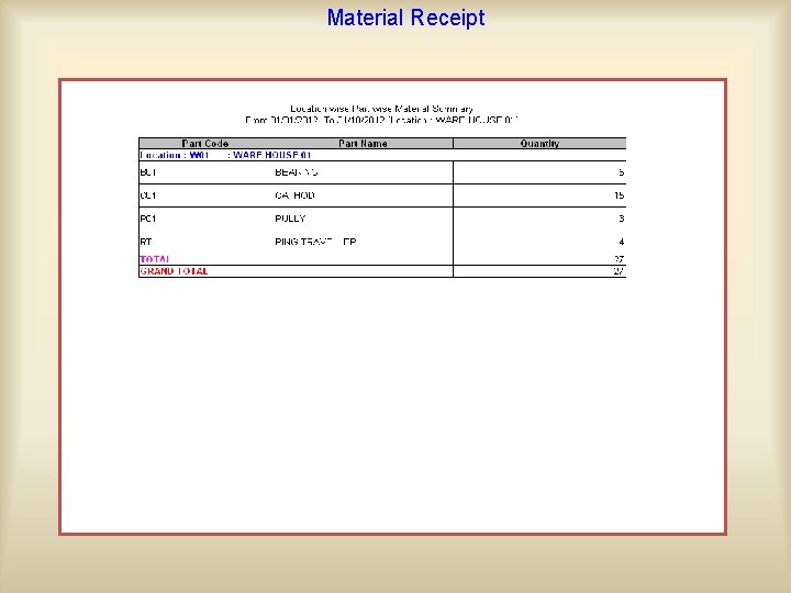 Material Receipt This option is useful to enter the material receipt data received from