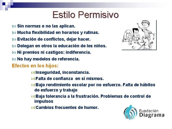 Estilo Permisivo Sin normas o no las aplican. Mucha flexibilidad en horarios y rutinas.