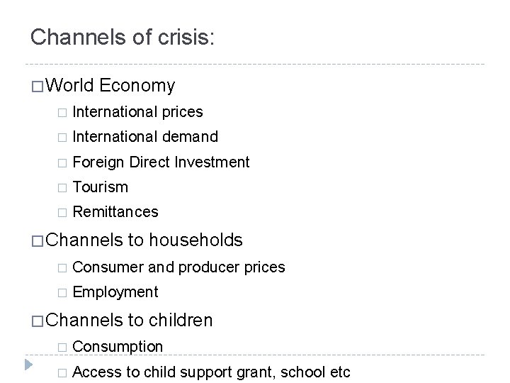 Channels of crisis: � World Economy � International prices � International demand � Foreign