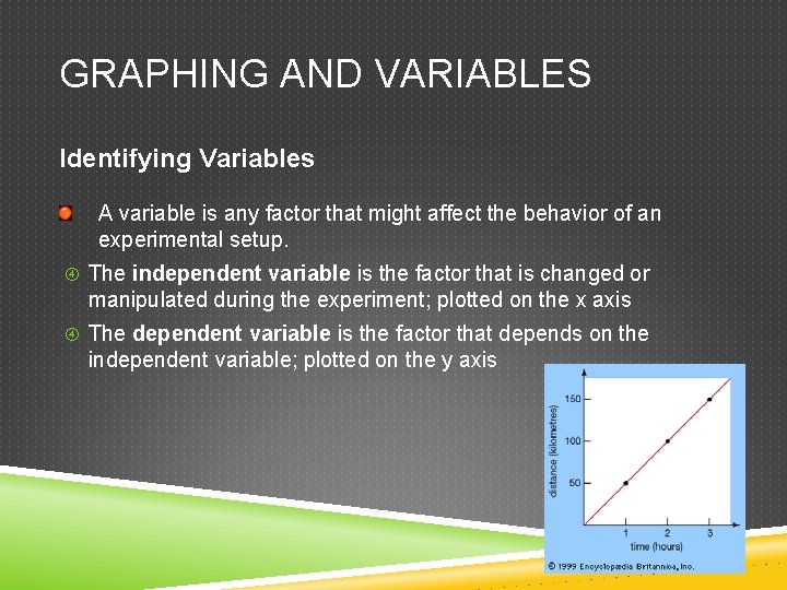 GRAPHING AND VARIABLES Identifying Variables A variable is any factor that might affect the GRAPHING AND VARIABLES Identifying Variables A variable is any factor that might affect the
