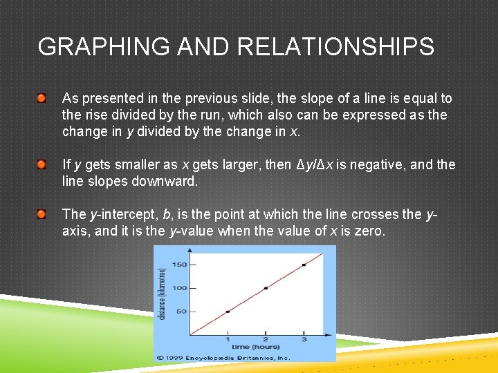 GRAPHING AND RELATIONSHIPS As presented in the previous slide, the slope of a line GRAPHING AND RELATIONSHIPS As presented in the previous slide, the slope of a line