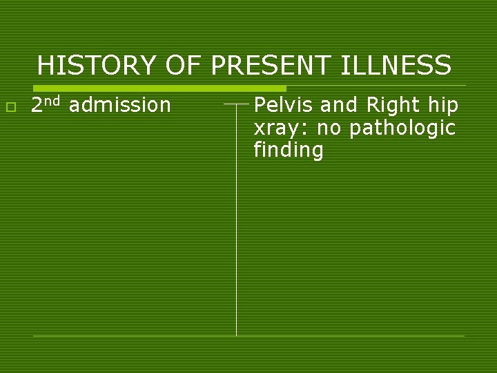 HISTORY OF PRESENT ILLNESS o 2 nd admission Pelvis and Right hip xray: no