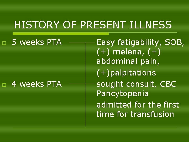 HISTORY OF PRESENT ILLNESS o 5 weeks PTA o 4 weeks PTA Easy fatigability,