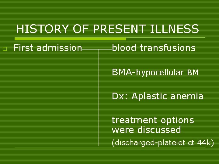 HISTORY OF PRESENT ILLNESS o First admission blood transfusions BMA-hypocellular BM Dx: Aplastic anemia